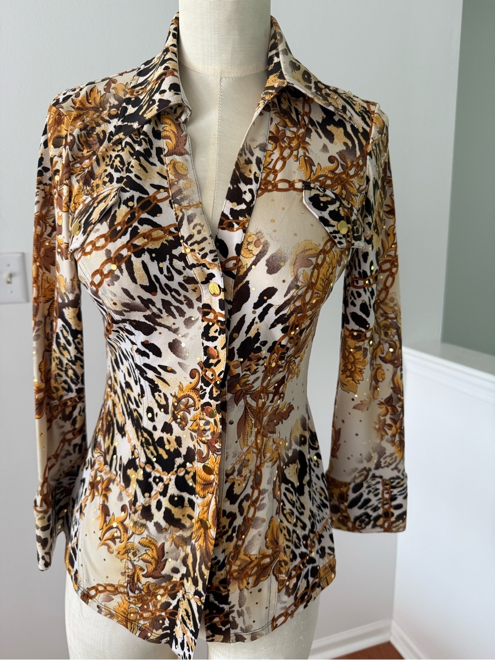 Cache Gold, Black & Cream Animal Print Button-Down Shirt